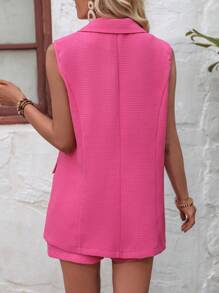 SHEIN Clasi Lapel Neck Single Button Vest Blazer & Shorts - Hot Pink - View 2