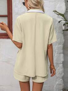 SHEIN Clasi Contrast Trim Double Breasted Blazer & Shorts - Yellow - View 2