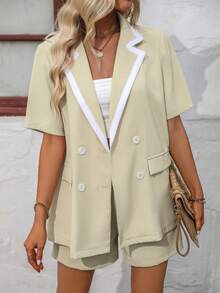 SHEIN Clasi Contrast Trim Double Breasted Blazer & Shorts - Yellow - View 3