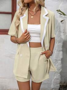 SHEIN Clasi Contrast Trim Double Breasted Blazer & Shorts - Yellow - View 4