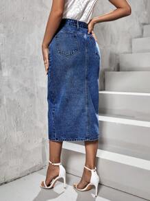SHEIN Essnce Split Hem Denim Skirt - Dark Wash - View 2