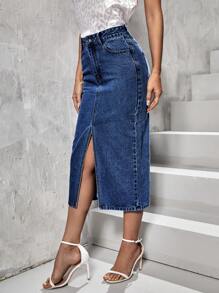 SHEIN Essnce Split Hem Denim Skirt - Dark Wash - View 3