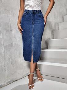 SHEIN Essnce Split Hem Denim Skirt - Dark Wash - View 5