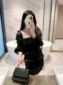 月夜晚禮包閃亮，優雅，精妙，宁靜奢侈光芒四射的迷你方襟披肩晚禮服，閃爍黑色簡約晚宴派對小型手袋，適合派對女孩，女士，新娘，完美適用於派對，婚禮，舞會，晚宴/宴會 - 黑色 - 查看 8