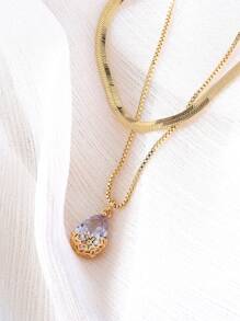 Nooxian 2pcs/set Water Drop Copper Cubic Zirconia Pendant Double Layered Delicate Necklace With Chain - Yellow Gold - View 4