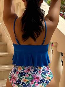 Conjunto de bikini con volantes en el bajo estampado tropical para playa de verano - Azul - Ver 2