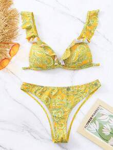 SHEIN Swim Paisley Print Ruffle Trim Triangle Summer Beach Bikini Set - Yellow - View 2