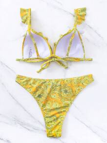 SHEIN Swim Paisley Print Ruffle Trim Triangle Summer Beach Bikini Set - Yellow - View 3