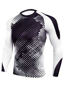SHEIN Fitness Camiseta deportiva de manga larga con estampado de lunares y manga raglán para hombres - Blanco y Negro - Ver 1