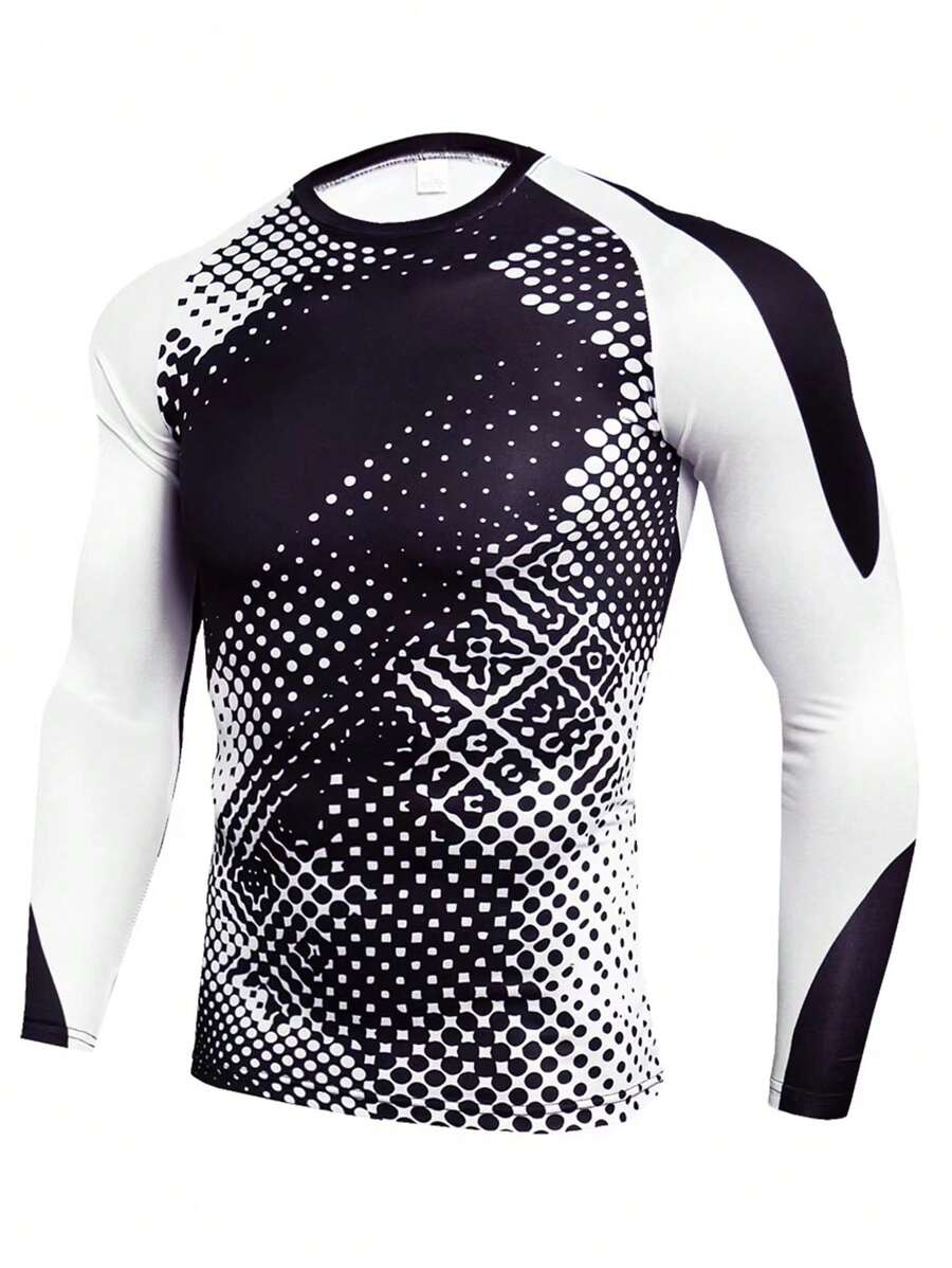 SHEIN Fitness Camiseta deportiva de manga larga con estampado de lunares y manga raglán para hombres - Blanco y Negro - Ver 1