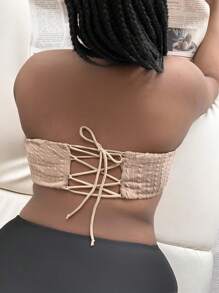 Top bikini bandeau de espalda abierta con cordón - Caqui - Ver 2