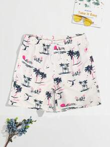 Manfinity Hombres Shorts de natación con estampado tropical de cintura con cordón - Blanco - Ver 1