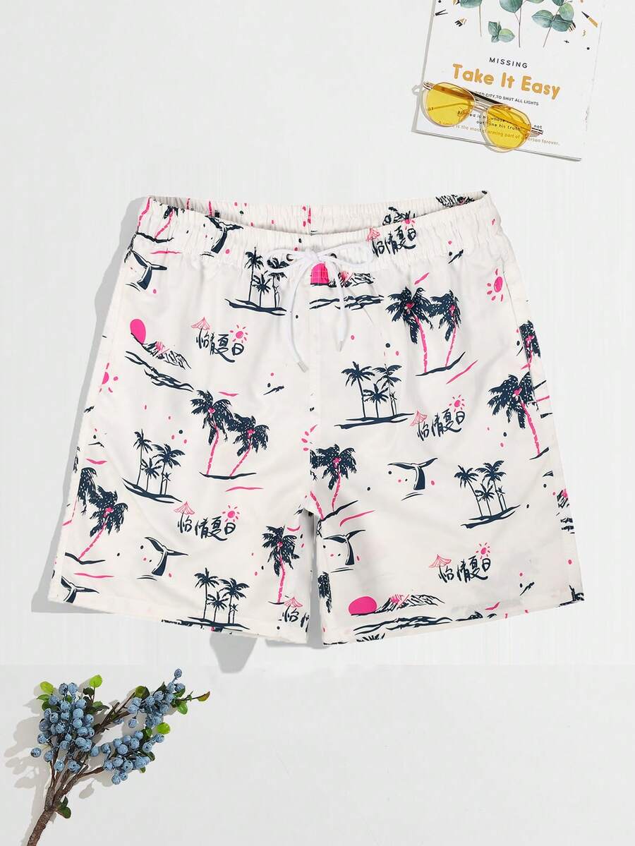 Manfinity Hombres Shorts de natación con estampado tropical de cintura con cordón - Blanco - Ver 1