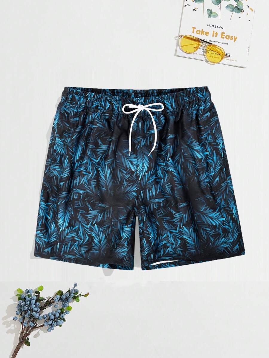 Manfinity Hombres Shorts de natación con estampado tropical de cintura con cordón - Multicolor - Ver 1
