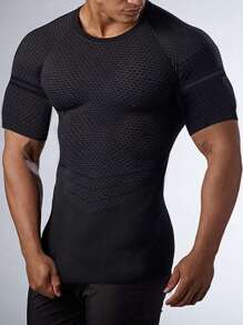 Manfinity Athleisure Men Solid Round Neck Sports Tee,Men Compression Top Compression Shirt Men - Black - View 3