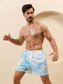 Manfinity Men Marble Print Drawstring Waist Swim Trunks - Blue and White - View 3