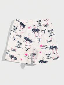 Manfinity Hombres Shorts de natación con estampado tropical de cintura con cordón - Blanco - Ver 2