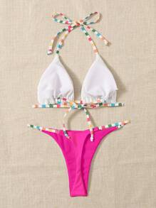SHEIN Swim Summer Beach Halter Triangle Bikini Set - Hot Pink - View 2