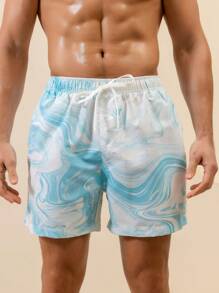 Manfinity Men Marble Print Drawstring Waist Swim Trunks - Blue and White - View 5