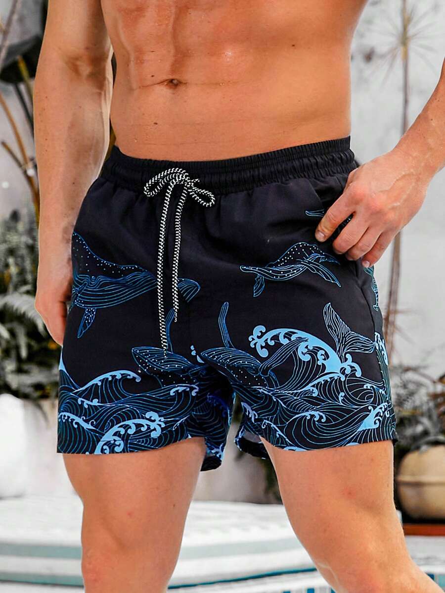 Palasendo Men Wave Graphic Print Drawstring Waist Swim Trunks Pool Shorts, For Beach, Vacation, Hawaiian, Holiday - Black - View 1
