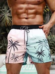 Surfspeed Men Palm Tree Print Drawstring Waist Swim Trunks,Hawaiian - Multicolor - View 1