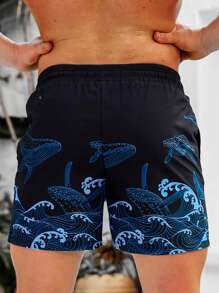 Palasendo Men Wave Graphic Print Drawstring Waist Swim Trunks Pool Shorts, For Beach, Vacation, Hawaiian, Holiday - Black - View 2
