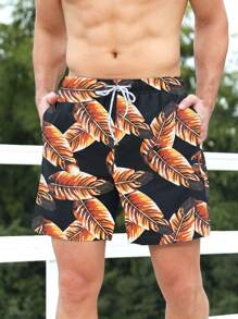 Manfinity Swimmode Hombres Shorts de natación con estampado tropical de cintura con cordón - Negro - Ver 1
