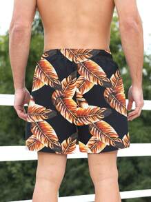 Manfinity Swimmode Hombres Shorts de natación con estampado tropical de cintura con cordón - Negro - Ver 2