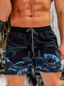 Palasendo Men Wave Graphic Print Drawstring Waist Swim Trunks Pool Shorts, For Beach, Vacation, Hawaiian, Holiday - Black - View 4