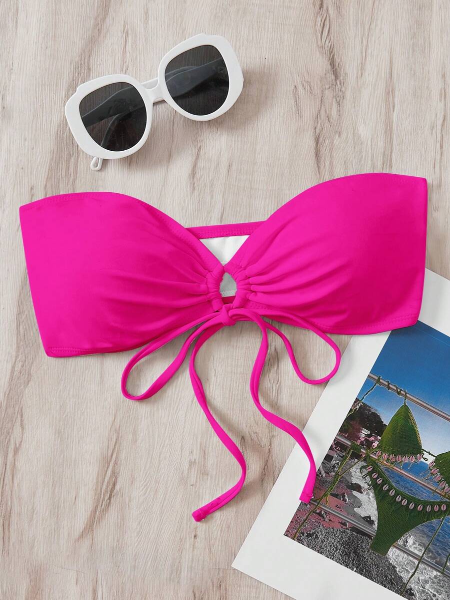 Drawstring Bandeau Bikini Top - Hot Pink - View 1