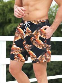 Manfinity Swimmode Hombres Shorts de natación con estampado tropical de cintura con cordón - Negro - Ver 3