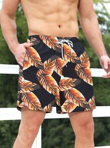 Manfinity Swimmode Hombres Shorts de natación con estampado tropical de cintura con cordón - Negro - Ver 5