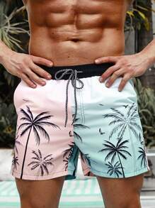 Surfspeed Men Palm Tree Print Drawstring Waist Swim Trunks,Hawaiian - Multicolor - View 6