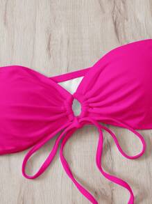 Drawstring Bandeau Bikini Top - Hot Pink - View 5