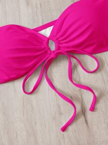 Drawstring Bandeau Bikini Top - Hot Pink - View 6