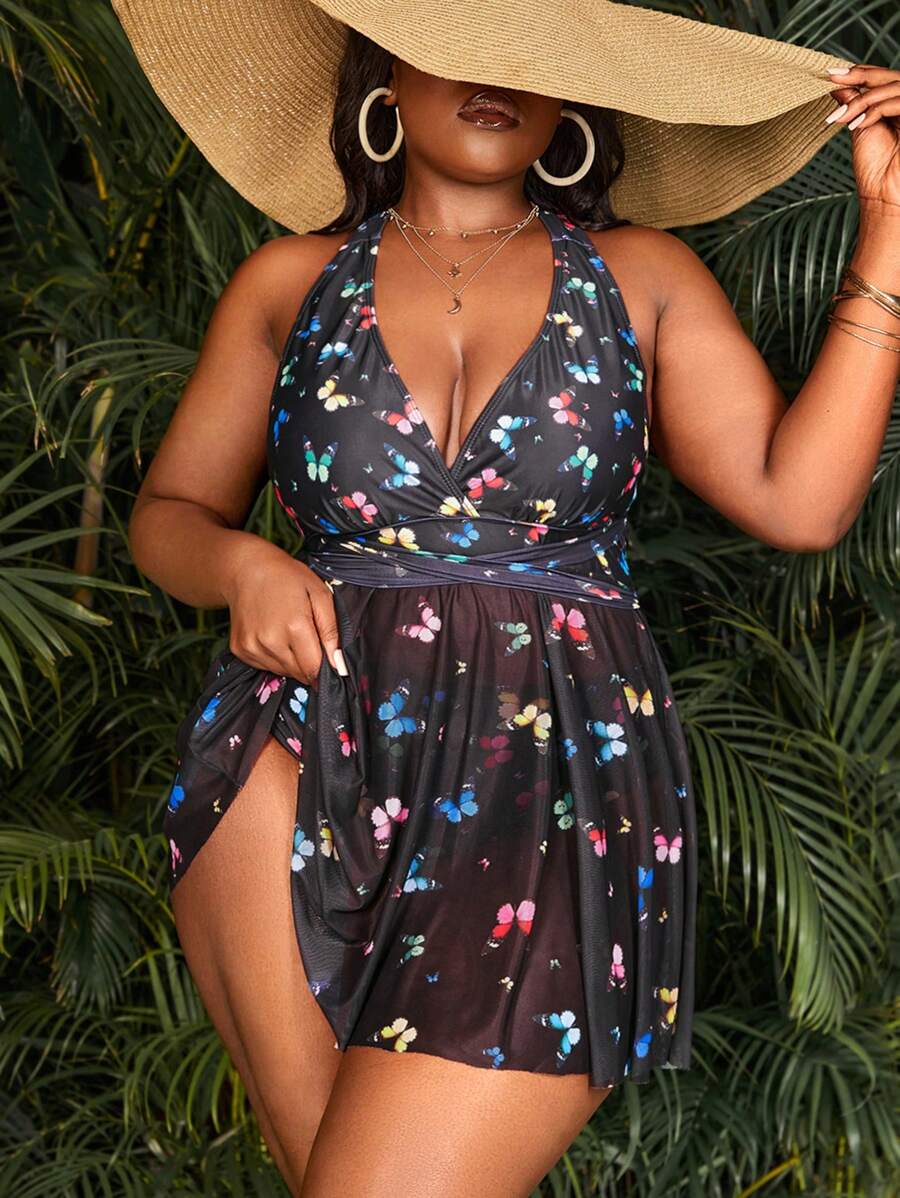 SHEIN Swim Curve Plus Size Butterfly Print Halter Tankini Summer Beach - Black - View 1
