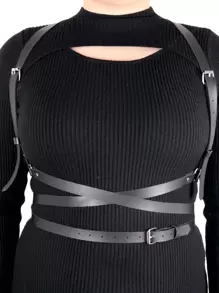 1pc Women Circle & Buckle Decor Plus Size Harness Belt - Black - View 2