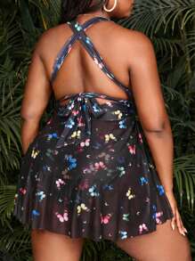 SHEIN Swim Curve Plus Size Butterfly Print Halter Tankini Summer Beach - Black - View 2