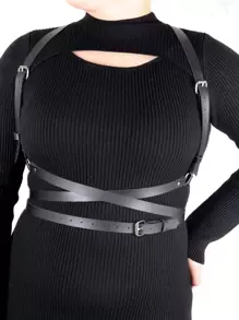 1pc Women Circle & Buckle Decor Plus Size Harness Belt - Black - View 3