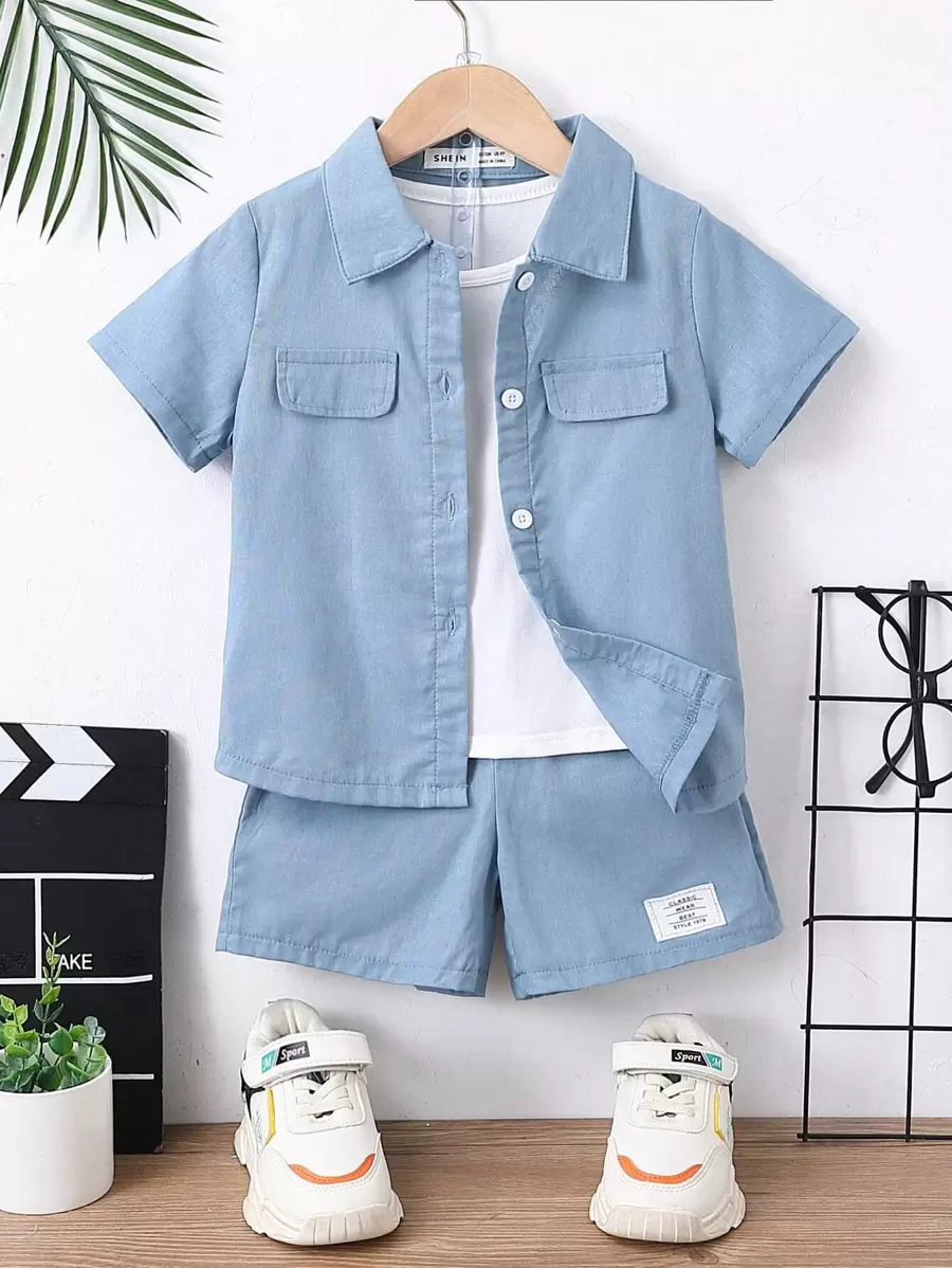 SHEIN Genkimix Kids 小男孩藍色字母印花休閒酷翻領短袖常規版型 2入組/套夏季