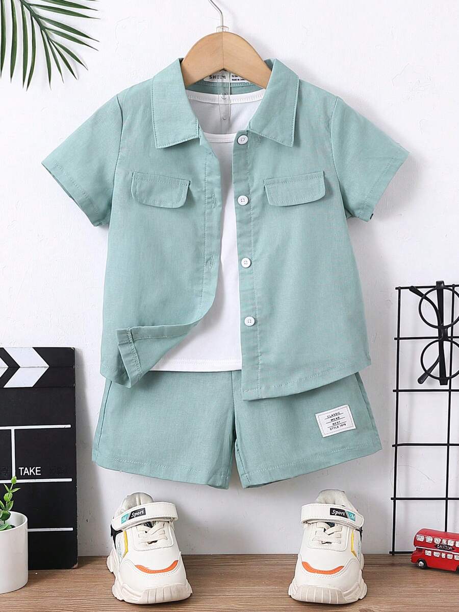 SHEIN Young Boy Mint Green Letter Print Casual Cool Collared Short Sleeve 2pcs/Set For Summer,Holiday,Summer,Travel, School, Campus, College