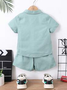 SHEIN Young Boy Mint Green Letter Print Casual Cool Collared Short Sleeve 2pcs/Set For Summer,Holiday,Summer,Travel, School, Campus, College