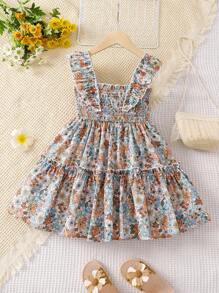 SHEIN Toddler Girls Floral Print Ruffle Trim Shirred Dress - Multicolor - View 1