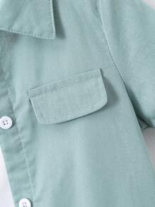 SHEIN Young Boy Mint Green Letter Print Casual Cool Collared Short Sleeve 2pcs/Set For Summer,Holiday,Summer,Travel, School, Campus, College