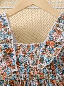 SHEIN Toddler Girls Floral Print Ruffle Trim Shirred Dress - Multicolor - View 3