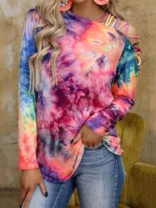 紮染交叉不對稱領T恤 - 粉色 - 查看 1