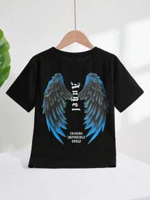 SHEIN Tween Tricou tricotat cu mânecă scurtă, cu decolteu circular, cu imprimeu cu litere, lejer - Negru - Vizualizare 3