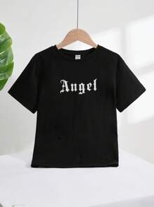 SHEIN Tween Tricou tricotat cu mânecă scurtă, cu decolteu circular, cu imprimeu cu litere, lejer - Negru - Vizualizare 2