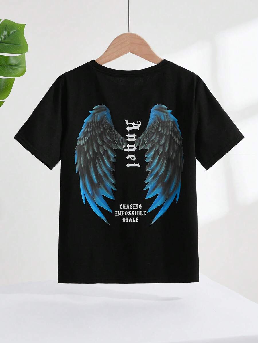 SHEIN Tween Tricou tricotat cu mânecă scurtă, cu decolteu circular, cu imprimeu cu litere, lejer - Negru - Vizualizare 1