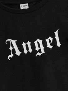 SHEIN Tween Tricou tricotat cu mânecă scurtă, cu decolteu circular, cu imprimeu cu litere, lejer - Negru - Vizualizare 6